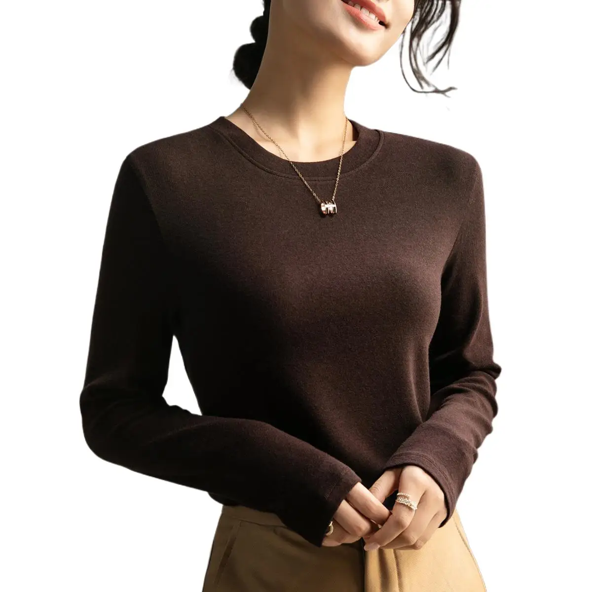 Boweylun مشروط القطن بلون جولة الرقبة قاع قميص الإناث الربيع والخريف جديد طويل الأكمام قمم تي شيرت المرأة