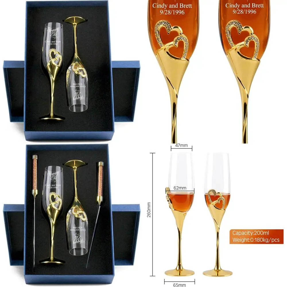 

Engraved Luxury Rhinestone-Rimmed Heart Wedding Champagne Glasses for the Couple