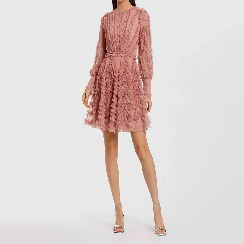 

Women's A-line Cocktail Dresses Mini-length High-neck Full Sleeve Prom Gown Fashion Ruched Backless Lace-up Customized Gowns