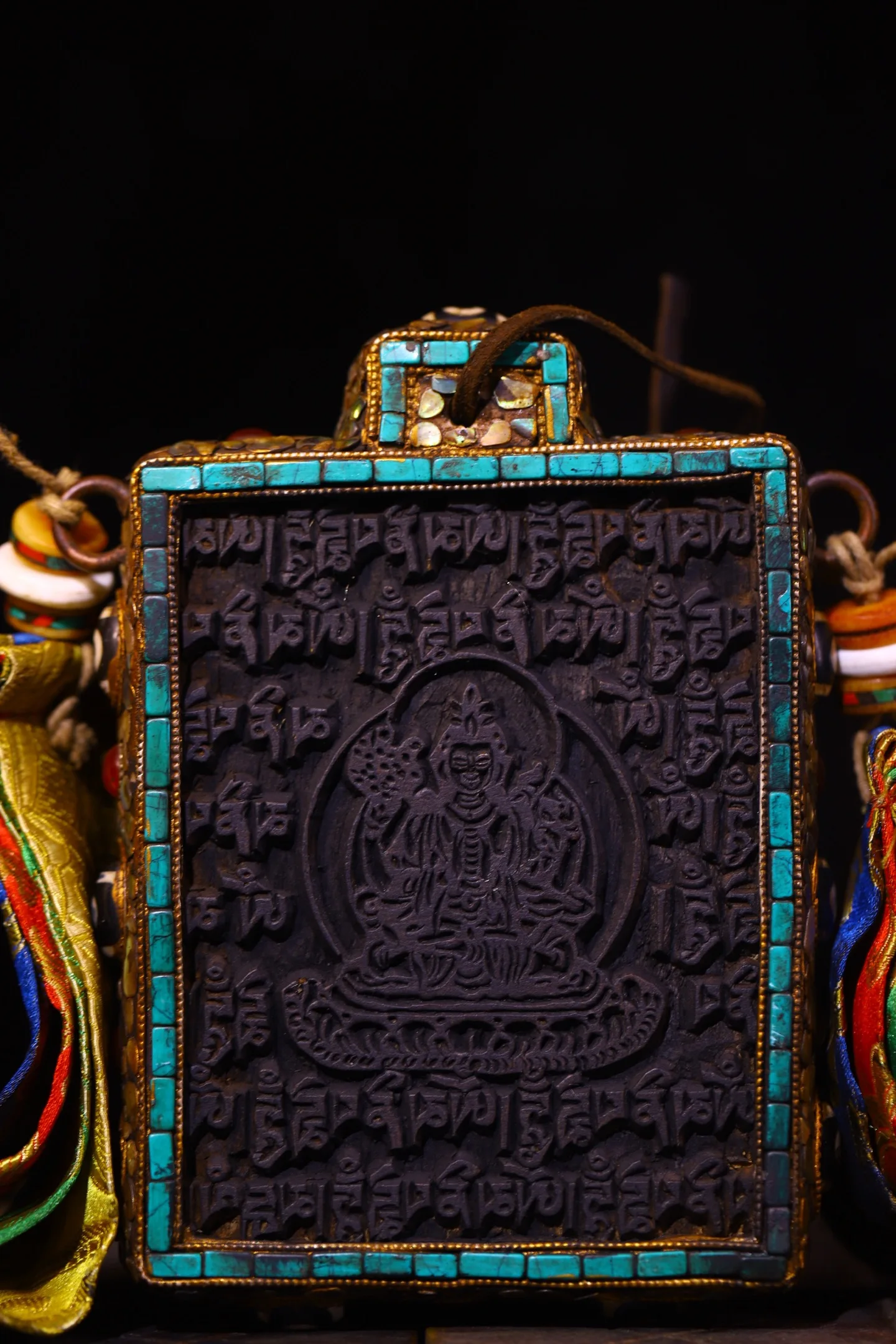 Nepalese folk Bodhi Root Wood Mosaic Gem gZi Beads Turquoise Vajra pattern prayer flag Buddha Version Worship Hall Town house
