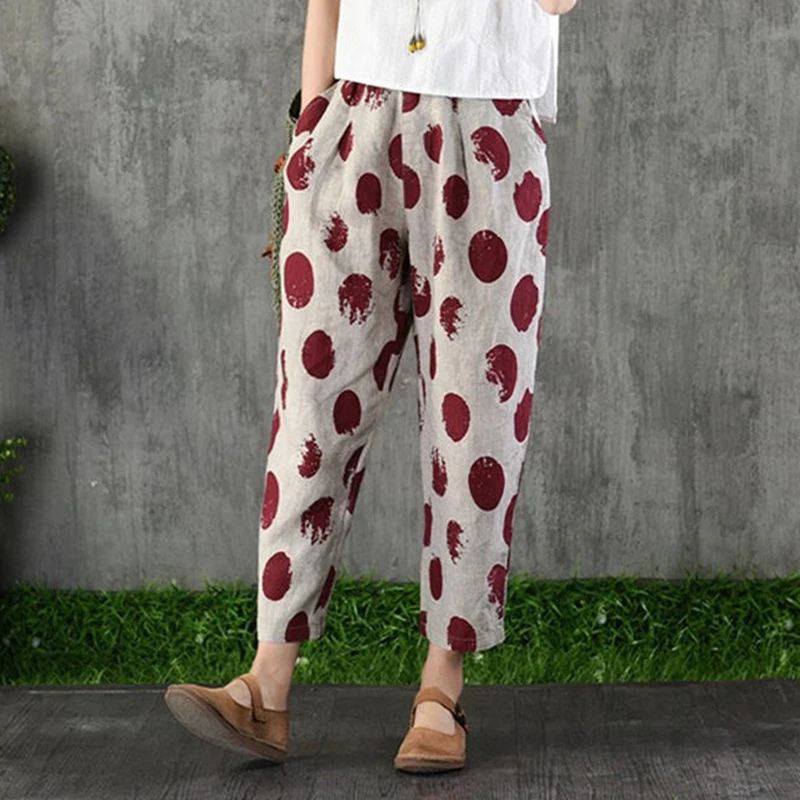 Cotton and Linen Pants for Women Summer  Printing Harem Pants Female Mother Loose Retro Fashion Women\'s Ankle Length  Pants