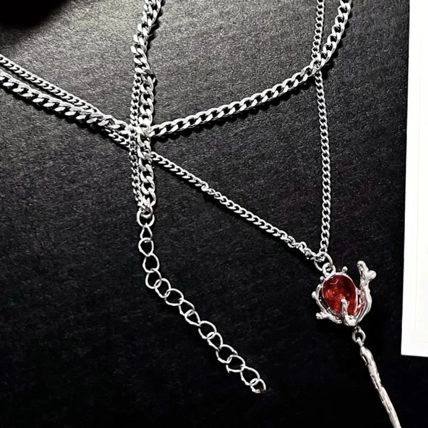 Double Layer Red Zircon Rose Pendant Necklace Y2K Layered Flower Stone Chain Necklaces Irregular Floral Egirl Necklace