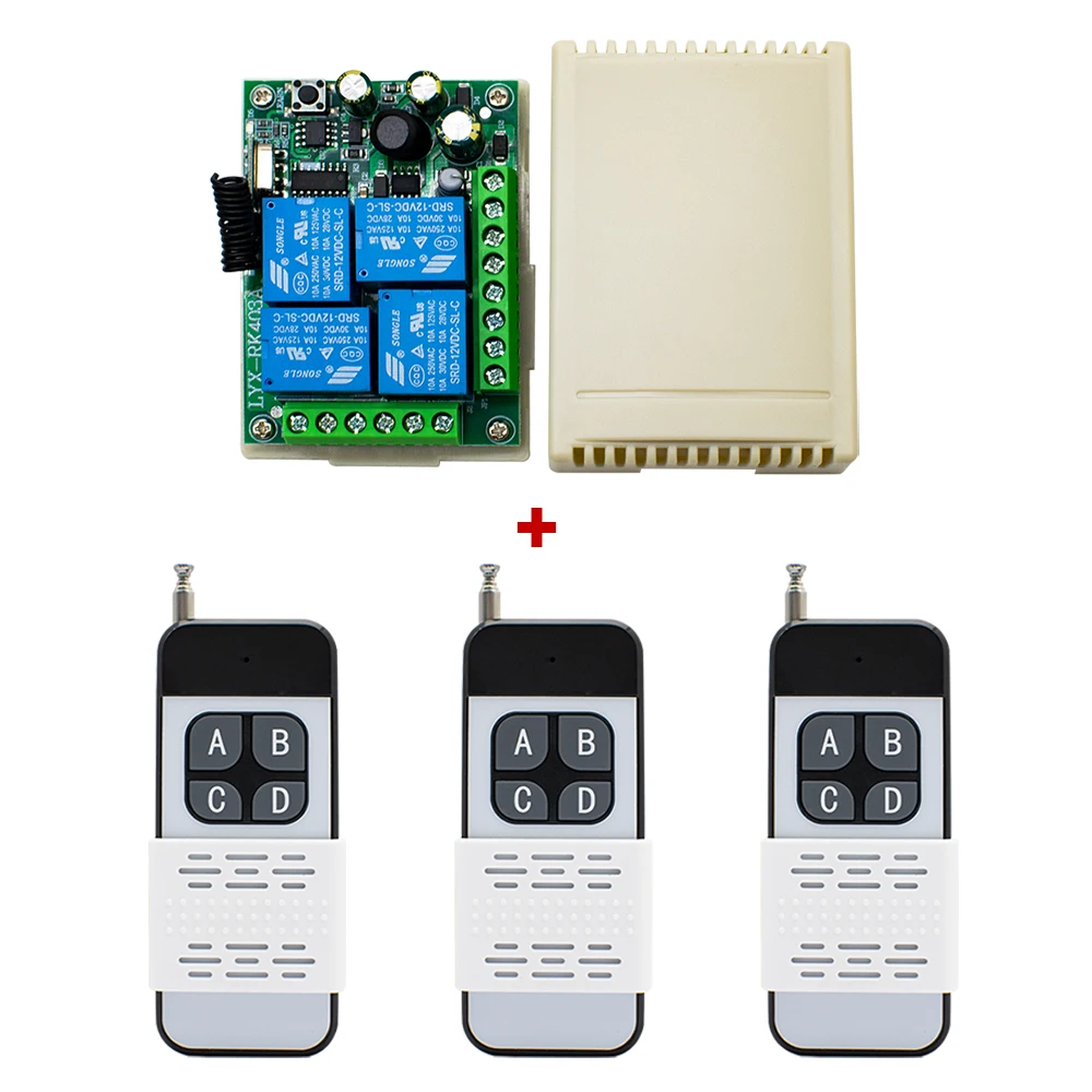 

433Mhz 220V 110V Universal Remote Control Receiver Switch for Light,Door, Garage 4CH Relay and RF 433MHz Remote Control