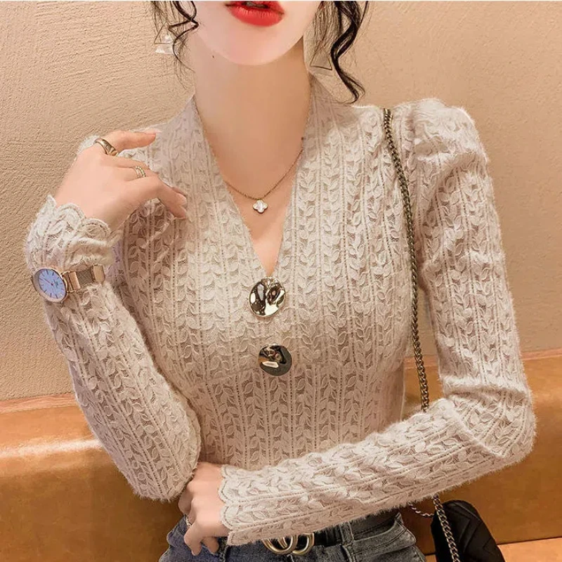 Spring Autumn Solid Color V-neck Long Sleeve Blouse Women High Street Hollow Lace Pullovers Elegant Slim Vintage All-match Tops