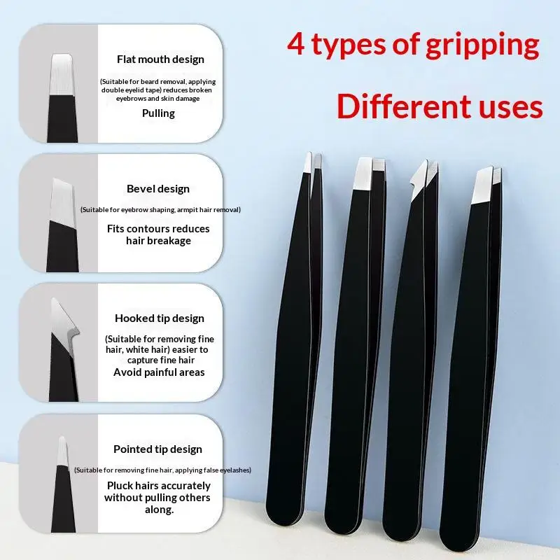 Precision Tools 4Pcs Stainless Steel Black Eyebrow Tweezers Set for Expert Level Grooming