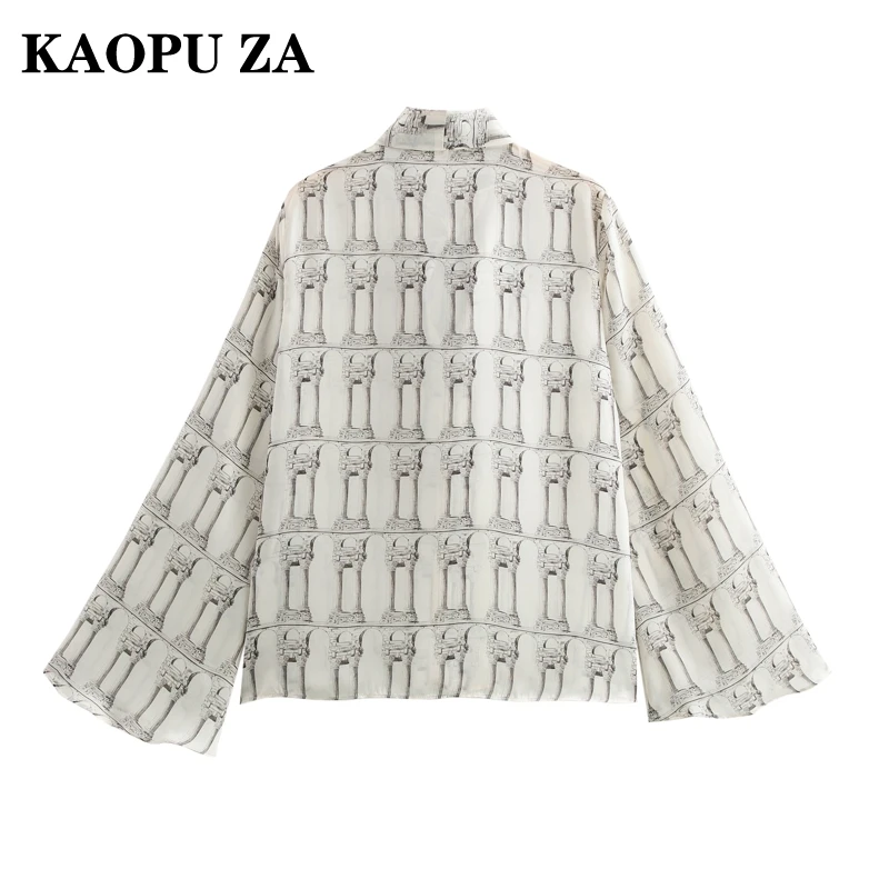 KAOPU ZA 2024 Autumn New Woman's Evening Party Coat Outerwear Casual Woman V-Collar Long Sleeve Shirt Ruffles Bowknot Top Print