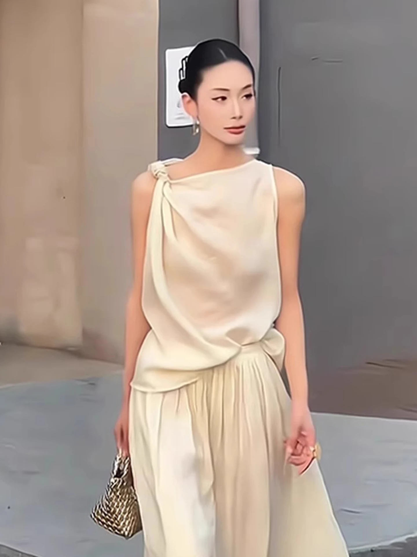 Ele Color Vest Raso di seta Svel Design faionable da donna Top estivo Nodo Colore puro Coreano Sle Taglio dritto