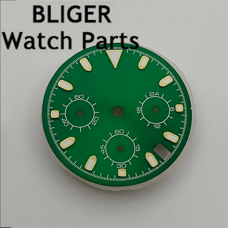 BLIGER 29.4mm Sky blue dial and 6- hand quartz movement Green luminous watch dial Suitable for VK63 quartz movement