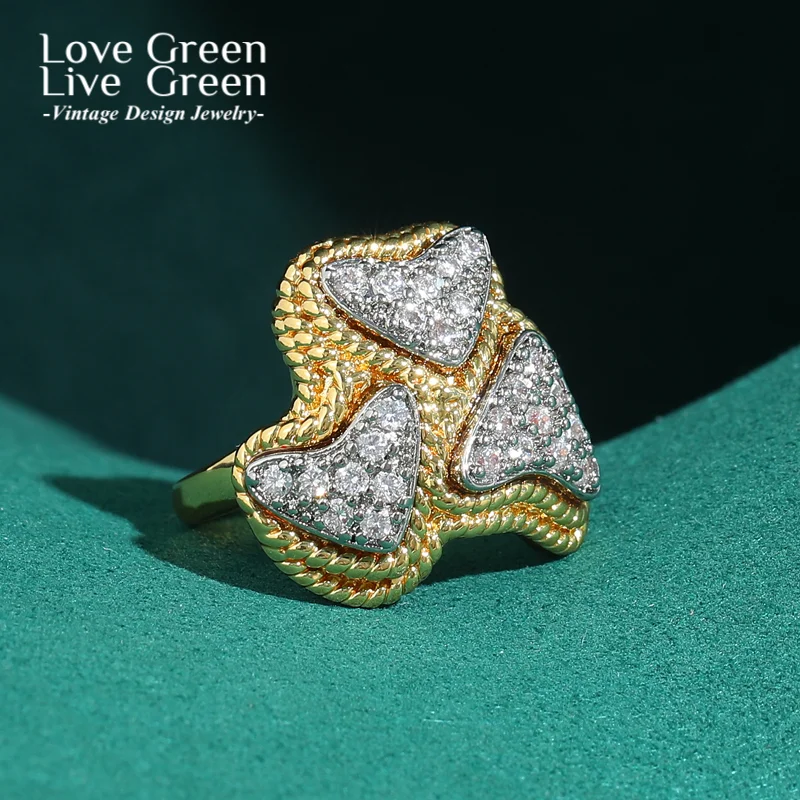 

Vintage Three Rhinestone Heart Ring Gold Color For Woman Accessories Romantic Jewelry Luxury High Quality Wedding 2025 Trend