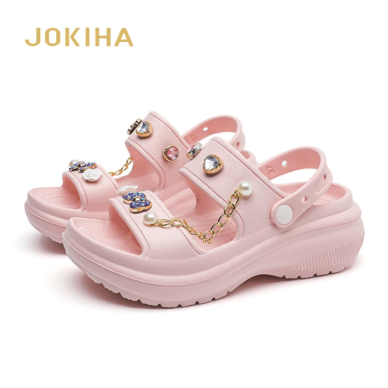 Summer Platform Clogs With Chains Women Solid Height Increasing Sandals Fashion High Heel Open Toe Garden Clogs Grils Pink