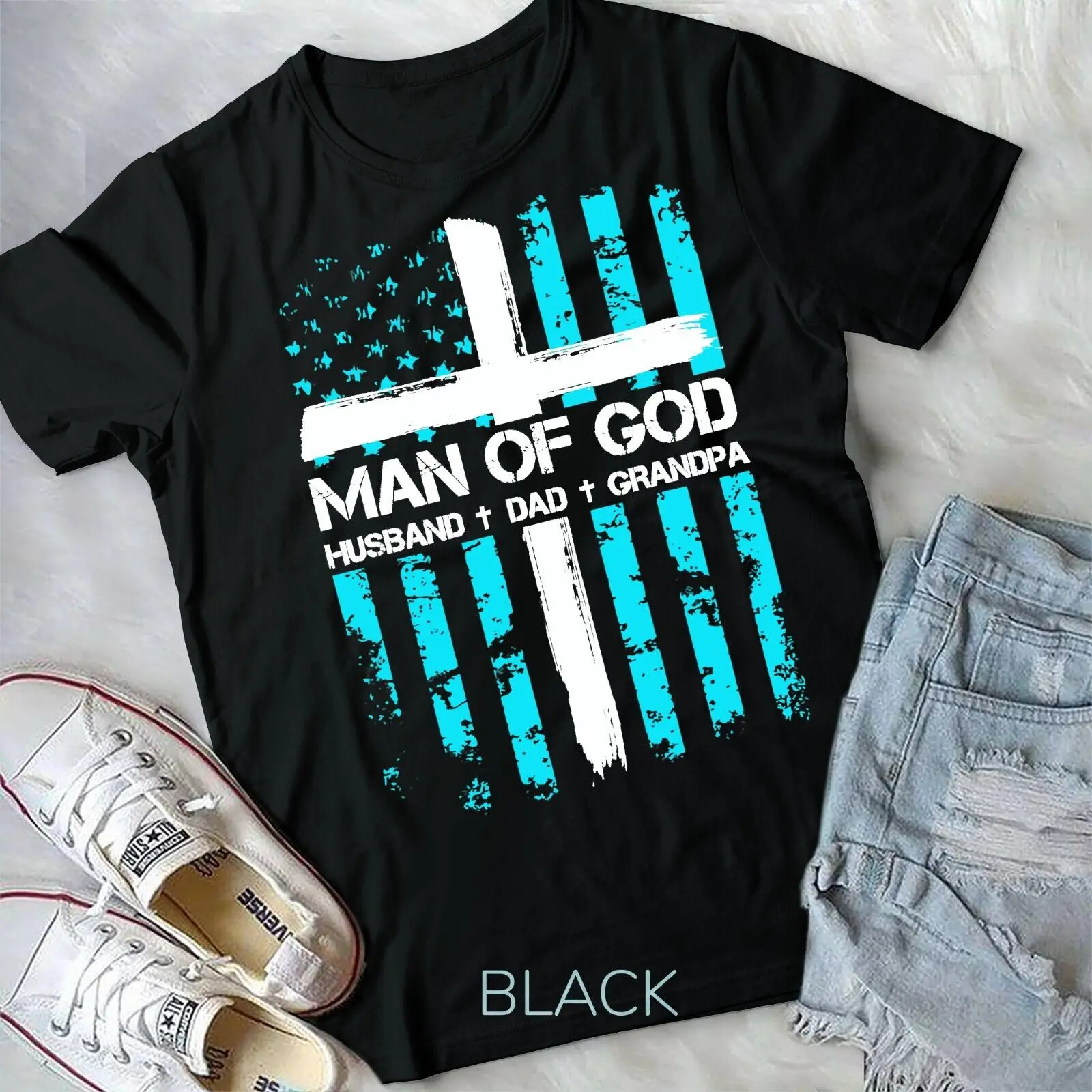 

Man Of God Husband Dad Grandpa American Flag Christian Cross Unisex T-shirt