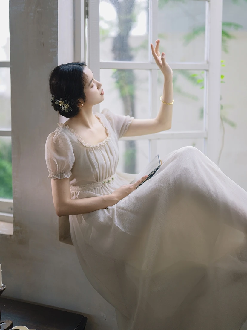 TIYIHAILEY Women Dress Short Sleeve Long Maxi Ladies S-XL Vintage High Waist 2026 Lace Patchwork Summer Square Collar Lace Up