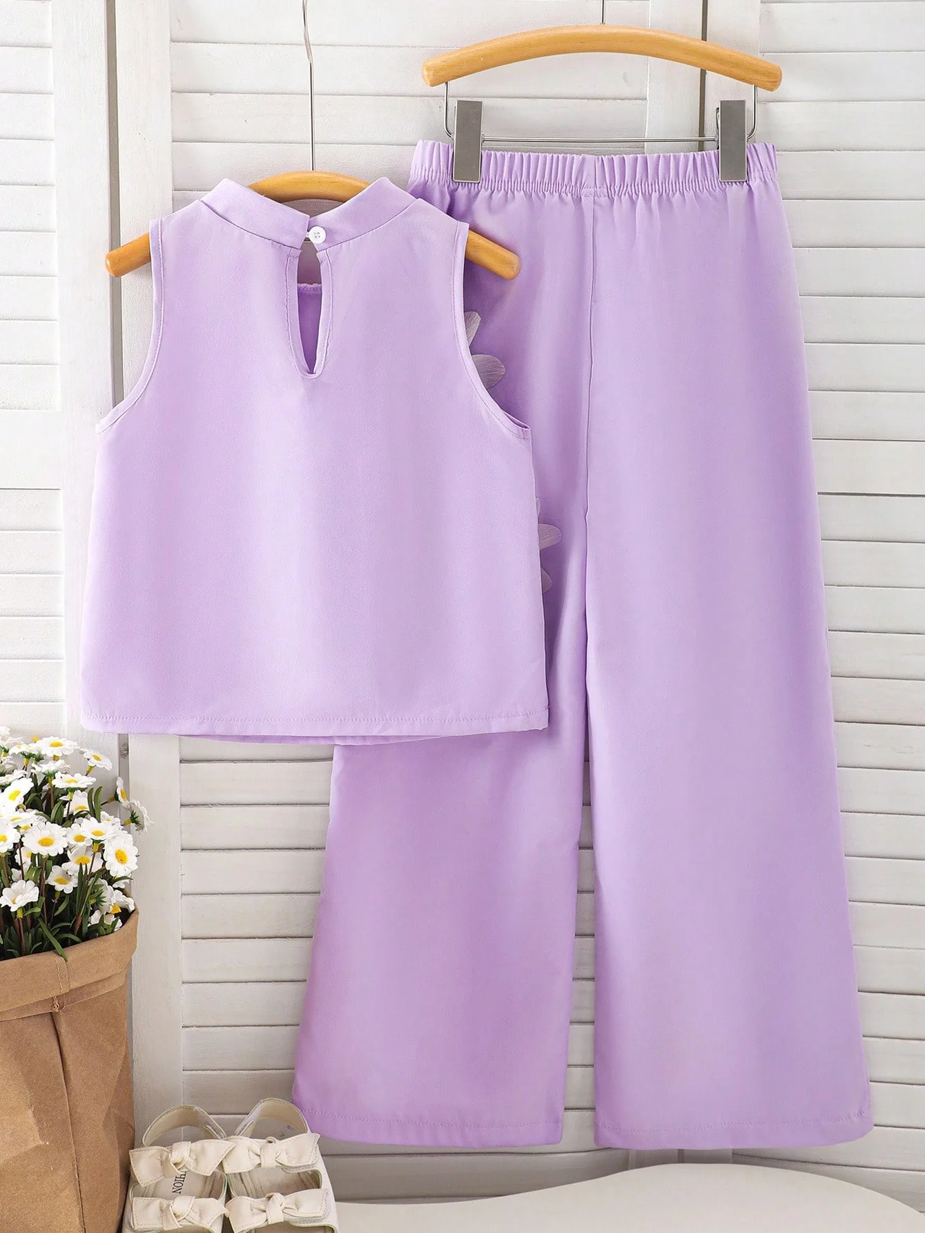 Girls' sweet floral-decorated purple sleeveless top + matching color pants two-piece set for spring and summer