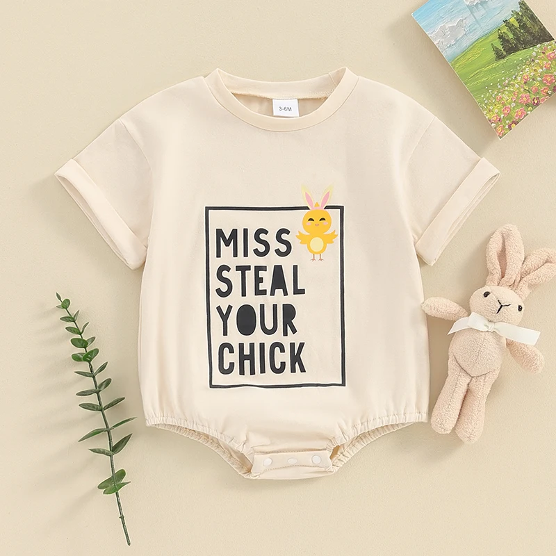 Baby Romper Short Sleeve Crew Neck Letters Chick Print Summer Bodysuit Easter Clothes for Girls Boys