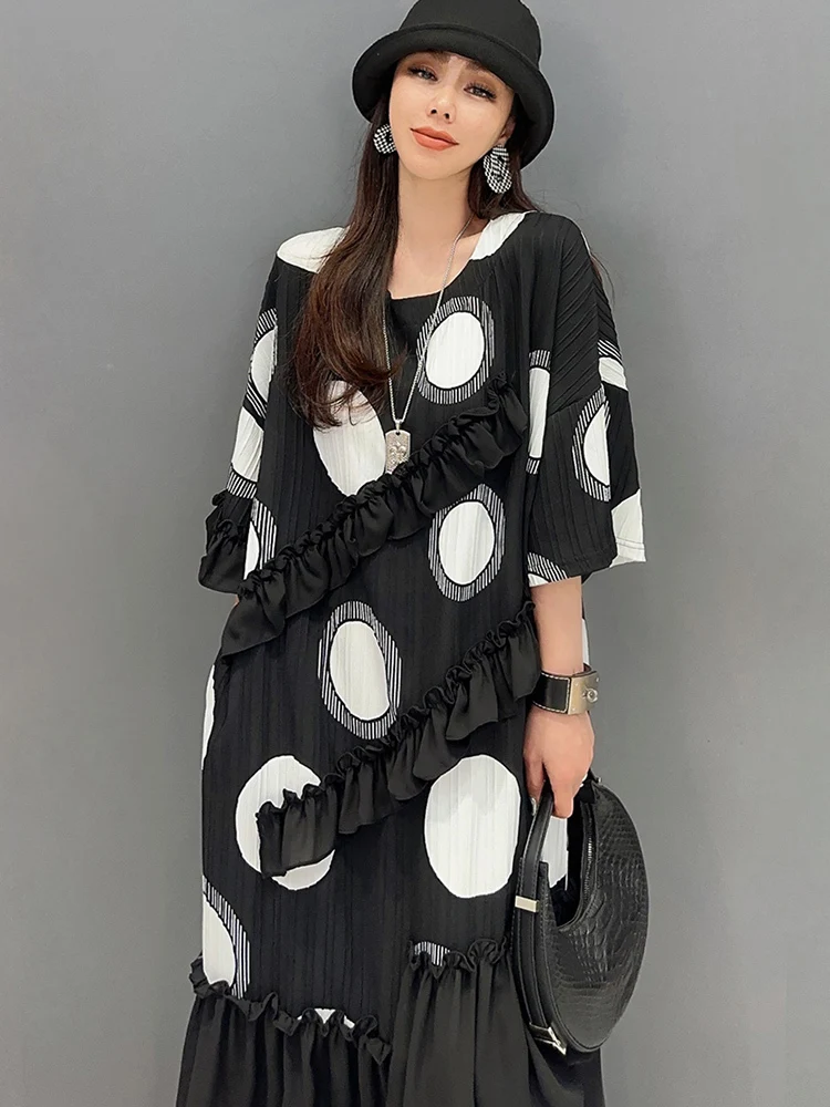 SHENGPALAE Chiffon Printed Short Sleeved Ruffle Edge Spliced Casual 2024 Spring New Mid Length Dress Fashion Women Robe 5R9584