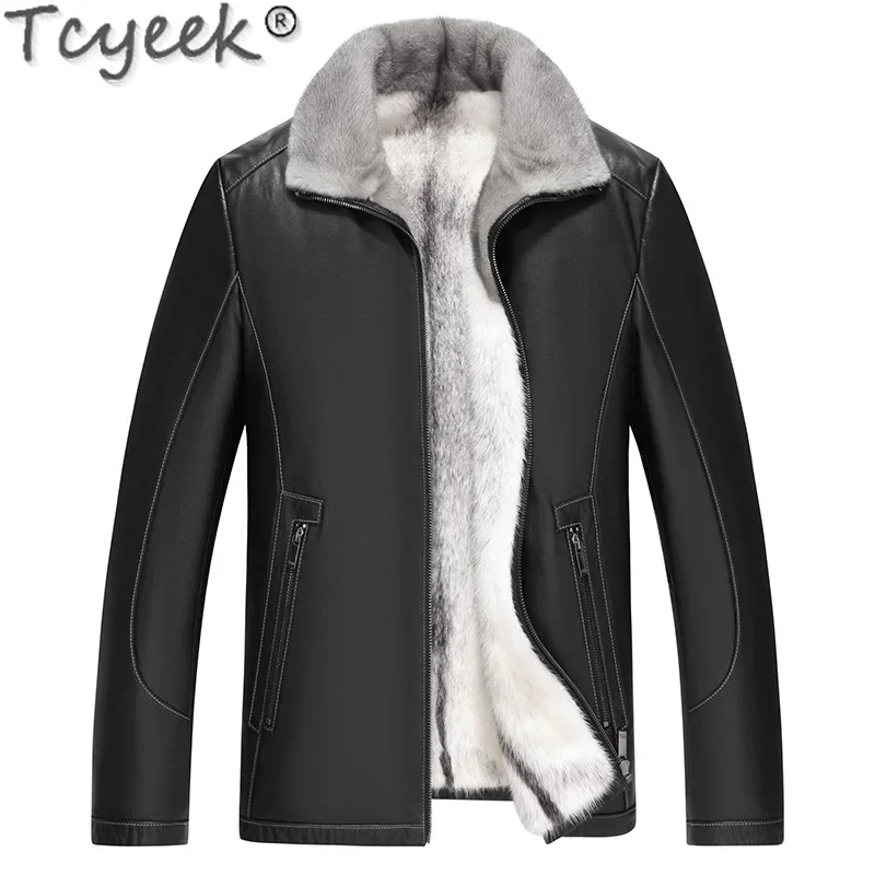 Tcyeek, capa superior de piel de vaca, chaquetas de cuero genuino para hombre, abrigo de piel de visón cruzado Natural, ropa de invierno para hombre, abrigos cálidos de piel auténtica 2024