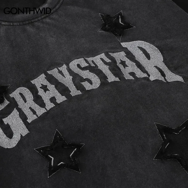 Vintage T-Shirt Y 2K Streetwear Borduurwerk Letter Star Gradiënt Gewassen Tshirt Harajuku Fashion Zomer Casual Losse Tee Top Paar