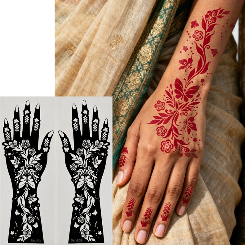 

Henna Hand Tattoo Template Spray Painted Hollow Finger Hand Tattoo Stencil Semi Permanent Tattoo Waterproof Indian Fake Tattoo