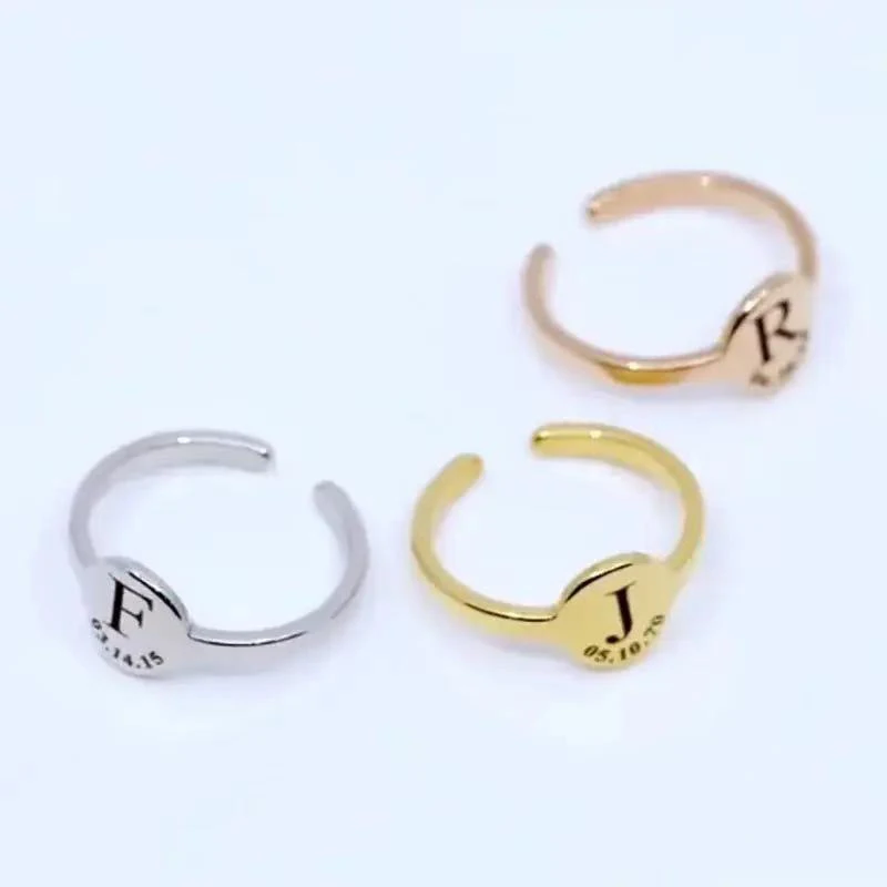 

Personalized Custom Carving Name Initial Date Ring Women Stainless Steel Gold Color Adjustable Ring Jewelry Birthday Party Gift