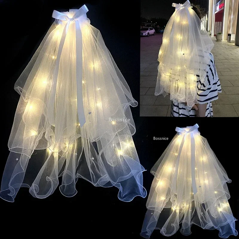 LED Light Glowing Veil Ribbon Bow Glitter VeilTwo Layers Bridal Wedding Veils Soft Tulle Bridal Veils Accessories