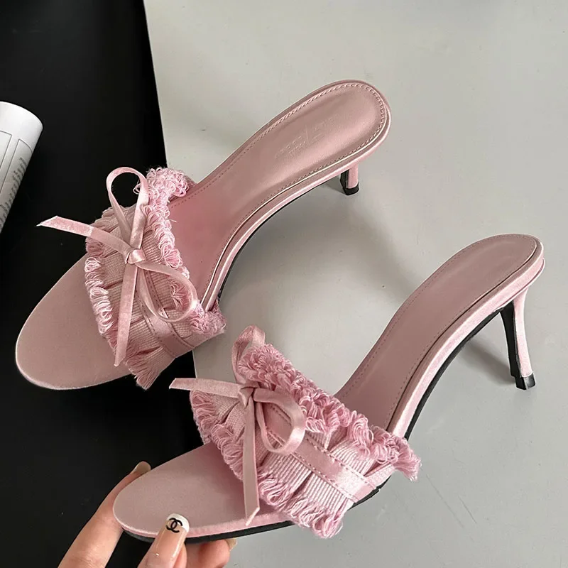 

Luxury Female Peep Toe Ladies Thin High Heels Shoes Slip On Footwear Women Shoes 2024 Fashion Butterfly-Knot Pumps Slides