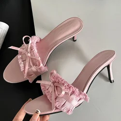 Luxury Female Peep Toe Ladies Thin High Heels Shoes Slip On Footwear Women Shoes 2024 Fashion Butterfly-Knot Pumps Slides