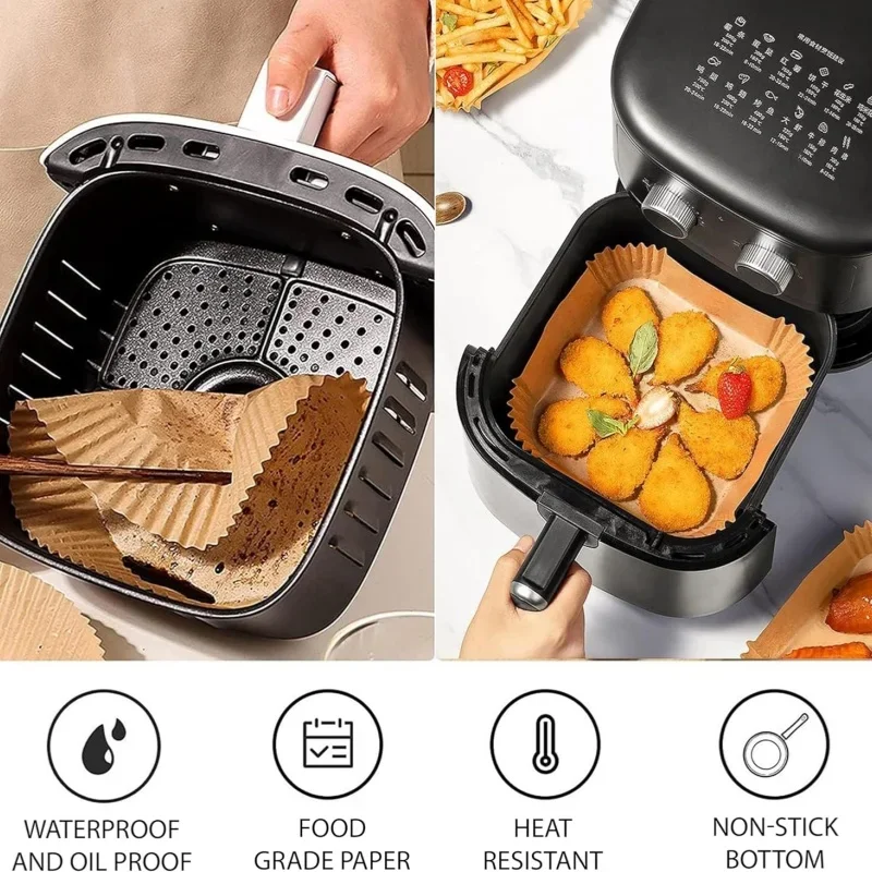 100개 논스틱 에어프라이어 라이너 오일 방수 파치먼트 종이 베이킹 로스팅 전자레인지 프리컷 에어프라이어 액세서리
