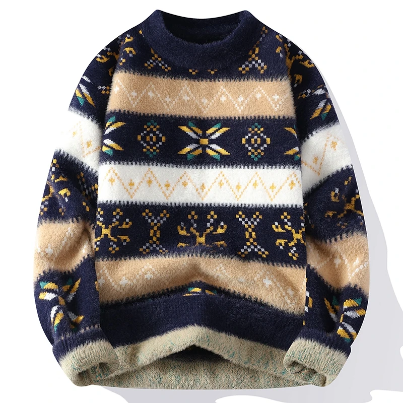 新しい人気の秋冬不規則なジャカード柄プルオーバーセーターカジュアルラウンドネックコントラストカラーメンズニットプルオーバー
