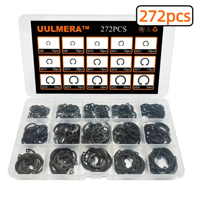 UULMERA 272Pcs Snap Ring Shop Assortment Alloy Steel External Circlip Snap Retaining Clip Rings Set,15 Sizes（M8-M24）