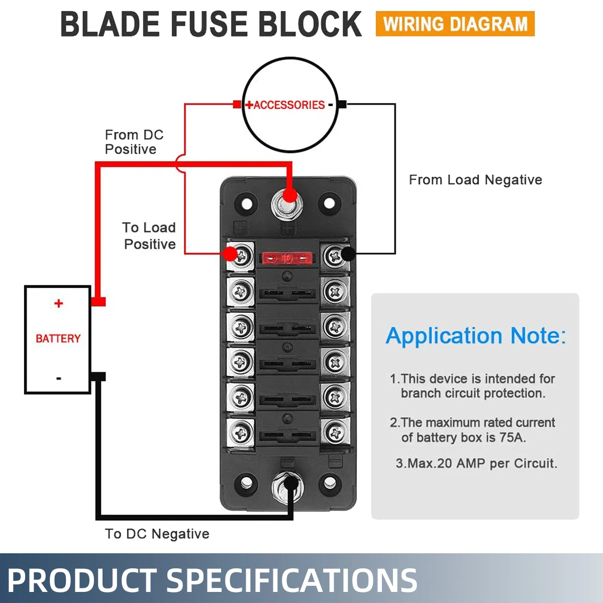 6 Way Fuse Block Blade Fuse Box with Negative Bus for 12V 24V Automotive Car Truck Boat Marine RV Power Distribution Panel Board