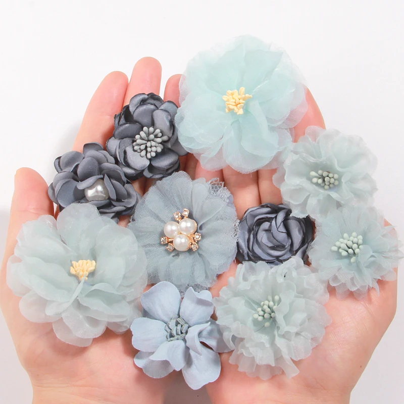 10Pcs /Set Blue Fabirc Flowers For Baby Gilrs Hair Accessories Green Silk Chiffon Flower for Hair Clips Headbands