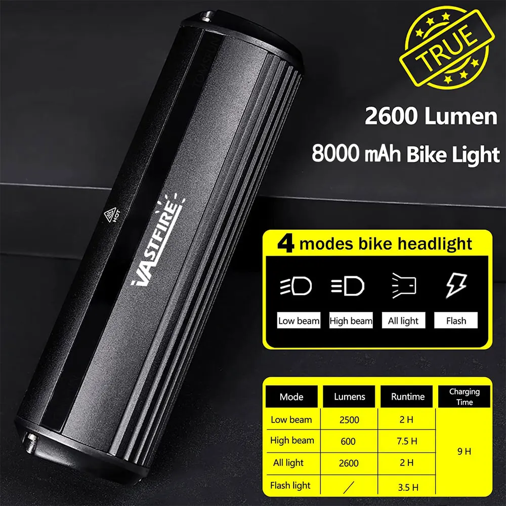 VASTFIRE Bicycle Light Front 8000mAh Bike Light 6000Lumen Waterproof Flashlight USB Charging MTB Road Cycling Lamp Accessories