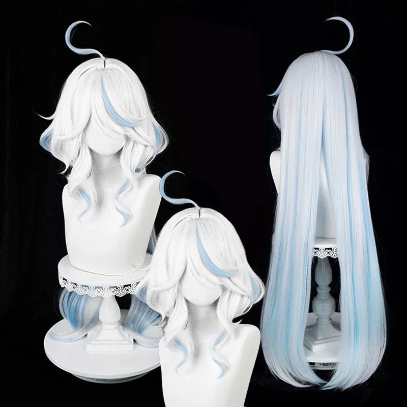 

Halloween Fontaine Focalors Cosplay perruque longue Furina perruques bleu blanc bouclés femmes perruques résistant à la chaleur