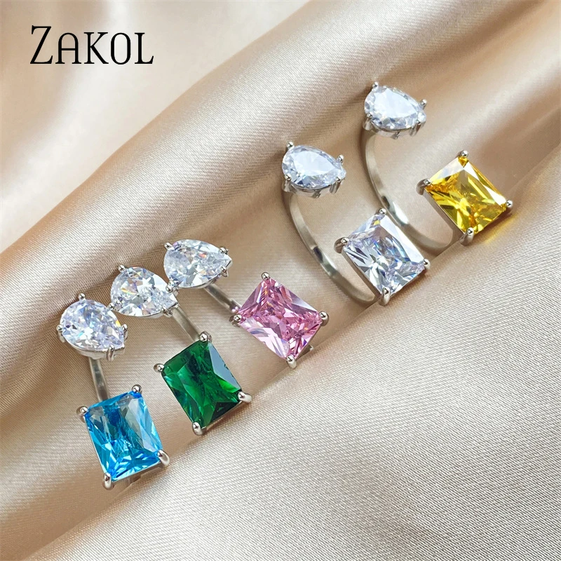 Women's Pink Square Water Drop Open Ring with Cubic Zirconia