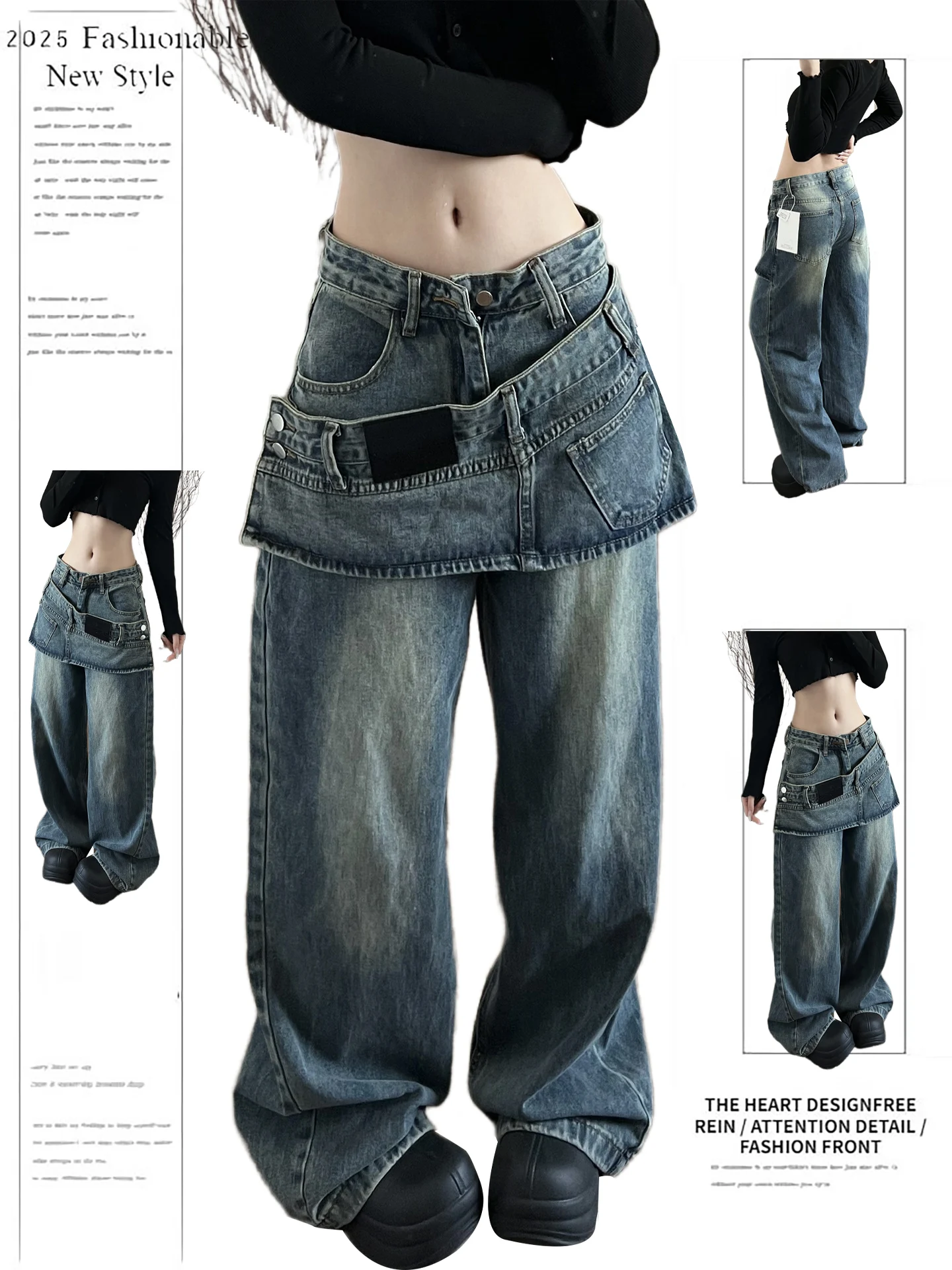 

American Sle Wide Leg Jeans Women's Spring New Irregular Matched Pants High Waist Straight Tube Jeans Casual Blue Denim