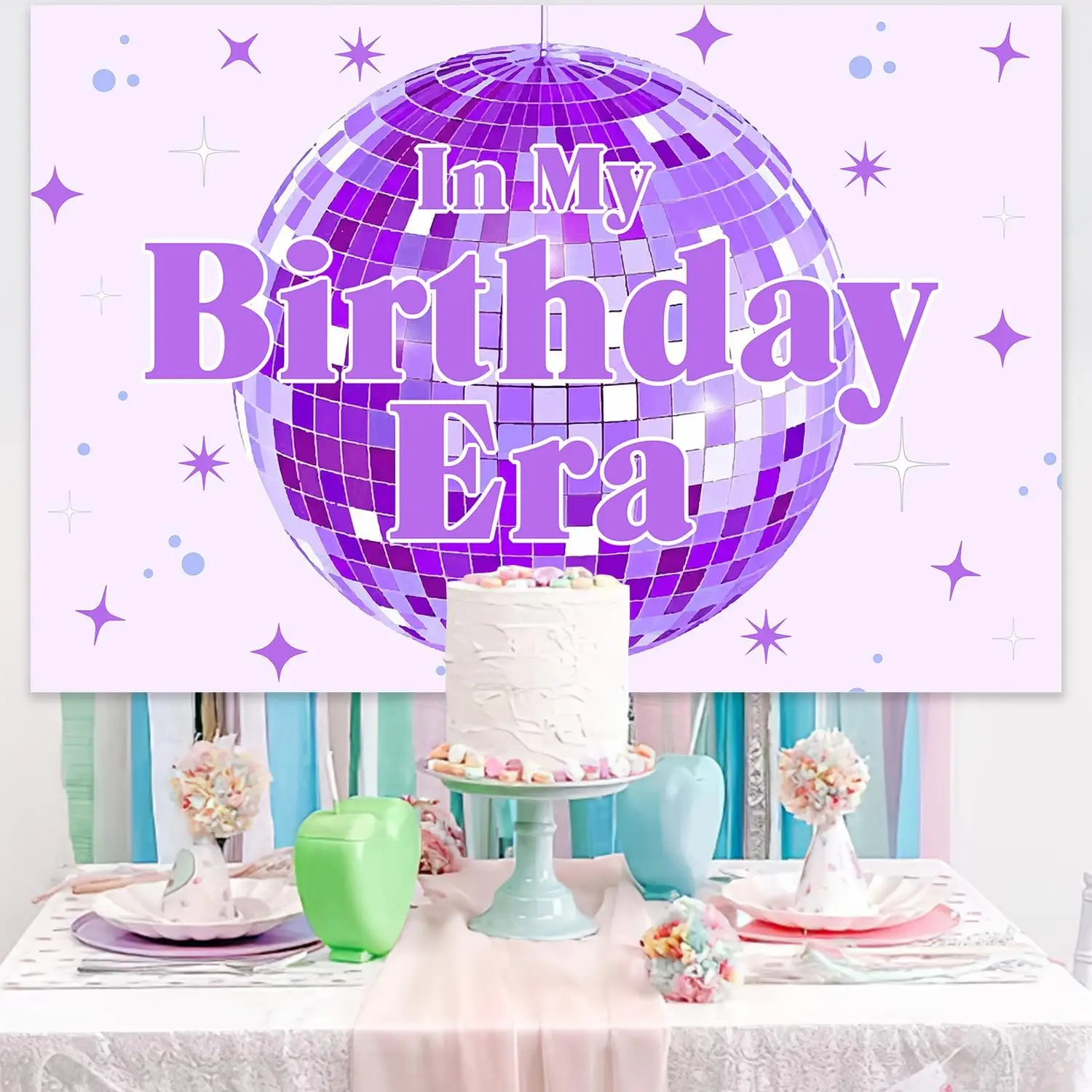 In My Birthday Era Backdrop Purple Birthday Backdrop Happy Bday Party Decoration Retro Stars Disco Balls Birthday Party Backdrop