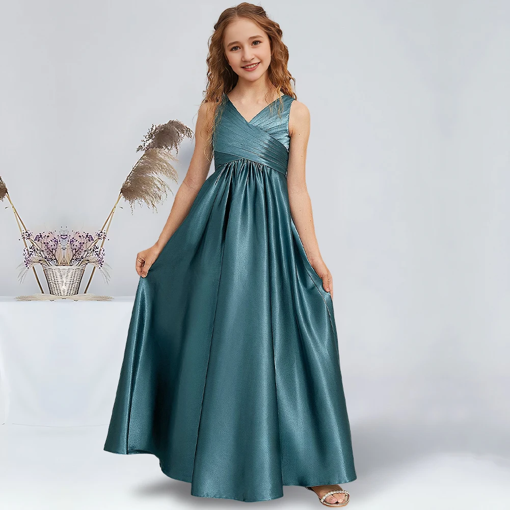 A-Line V-Neck Floor-Length Stretch Satin Junior Bridesmaid Dresses French Blue Stunning Flower Girl Dresses Party Wedding Kids