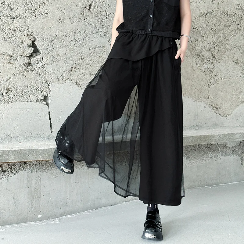 Women Pants Mesh Capris Spliced Ankle Length Empire Elastic Waist Wide Leg Pants Slight Stretch Loose Fit Streetwear 2025 Summer