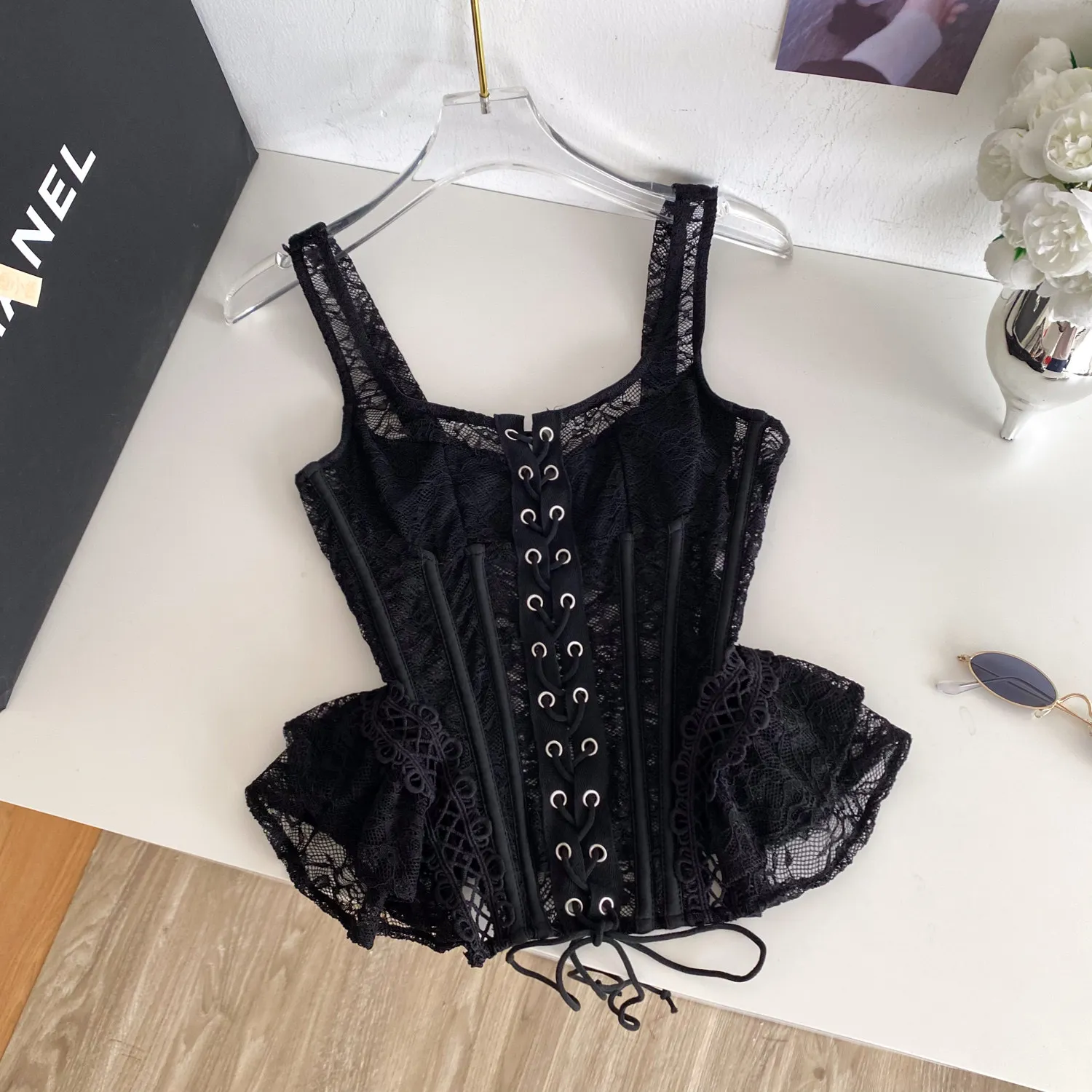 Sexy Fashion Lace Hollow Out Tie Up Camis Corset Summer Pure Desire Black Slim Fit Camisole Temperament KPOP Rap Camis Woman
