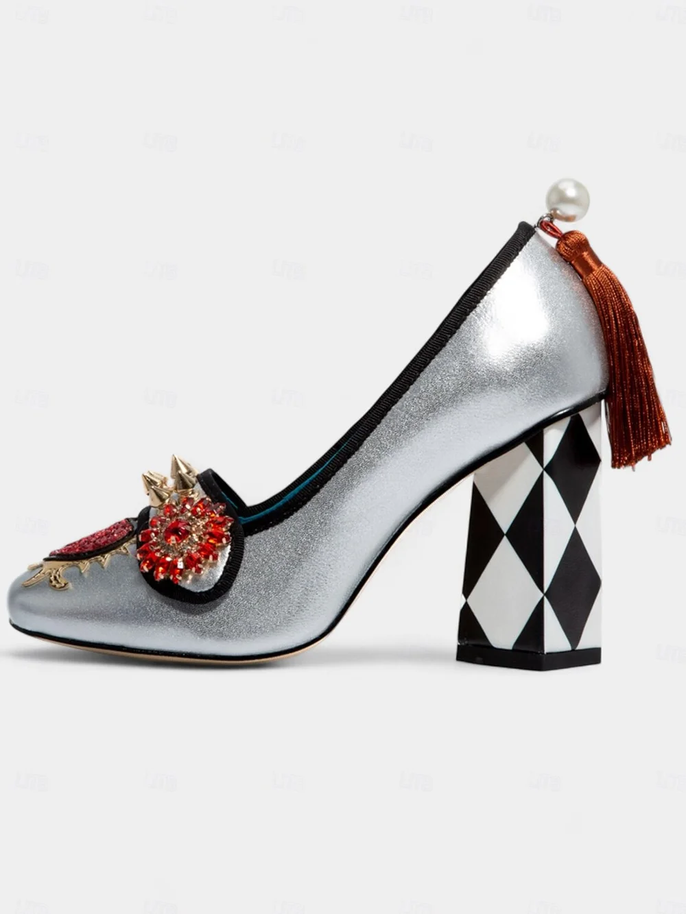 Metallic Silver Block Heel Pumps Round Toe Red Crystal Floral Decorated Gold Rivet Accents Retro Style Black White Chunky Heel