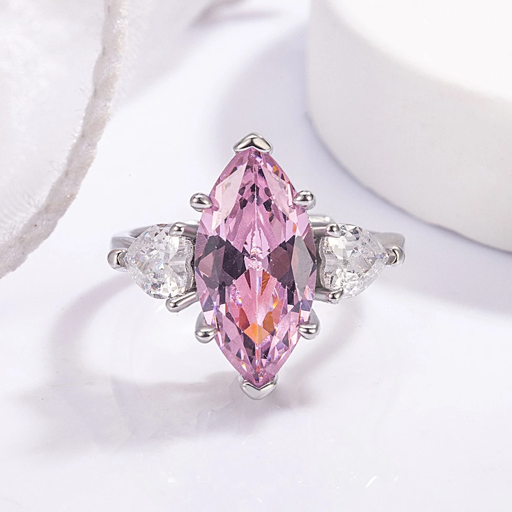 925 Silver Marquise & Pear Ring. Sparkling Pink and Clear Zirconia. Brilliant, Bold, and Elegant Statement Piece.