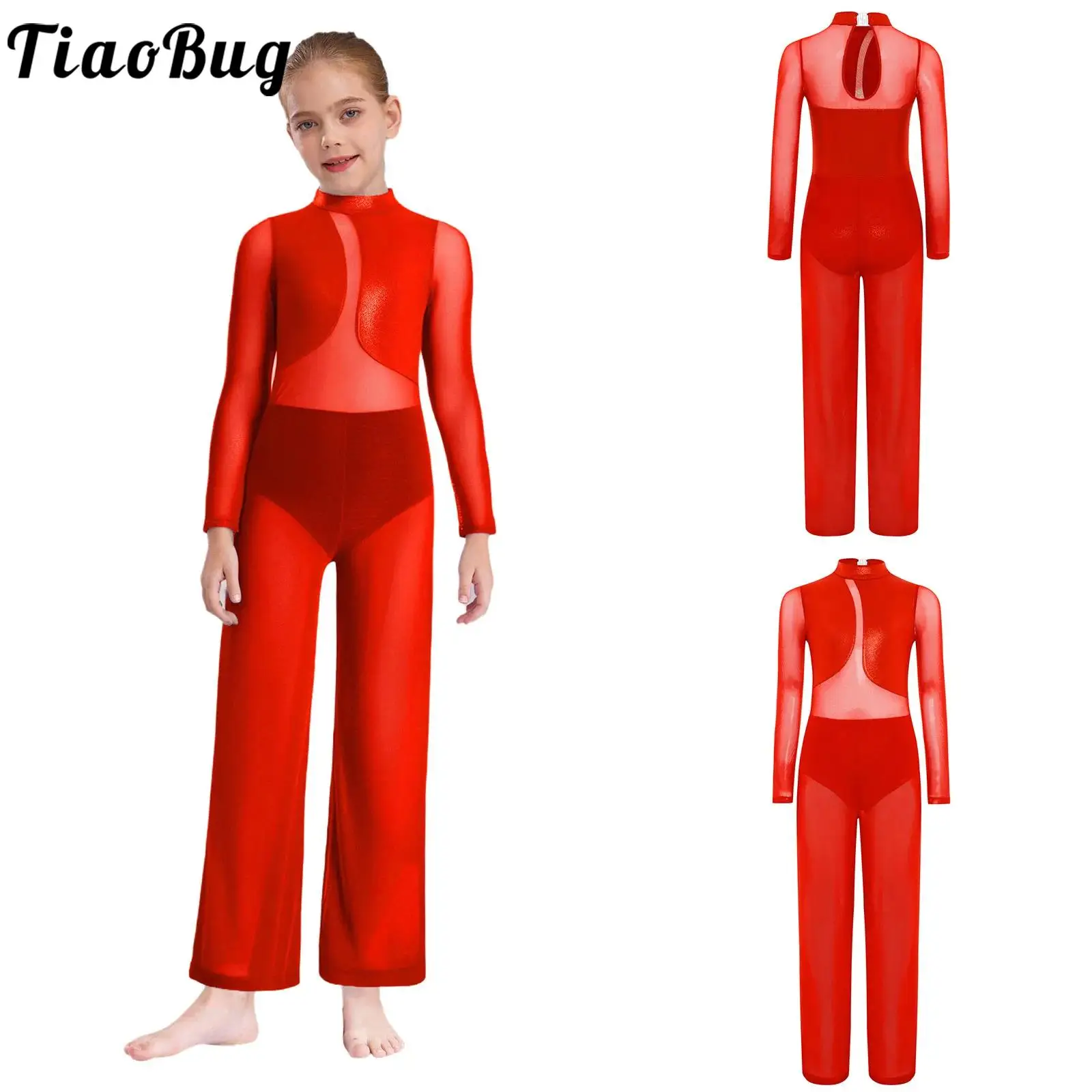 

Детский купальник для фигурного катания и художественной гимнастики для девочек, костюм для балета, танца, акробатики, прозрачный сетчатый комбинезон с длинными рукавами и металлическим рисунком