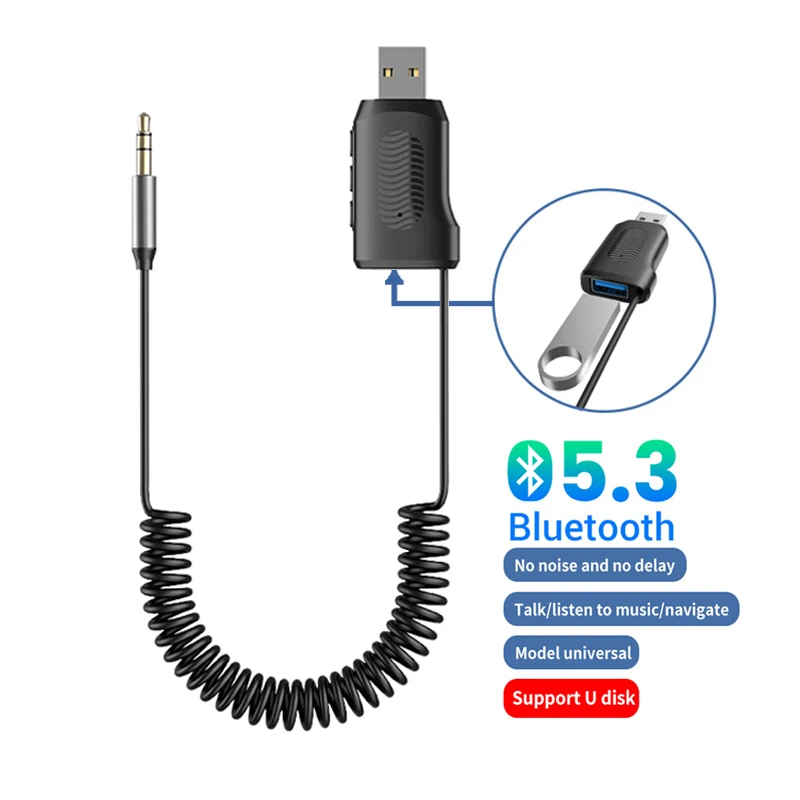 

Беспроводной автомобильный аудиоприемник Bluetooth 5,3, разъем 3,5 мм, U-disk, Aux передатчик, громкая связь, питание от USB, для автомобильного радио, Mp3 динамика