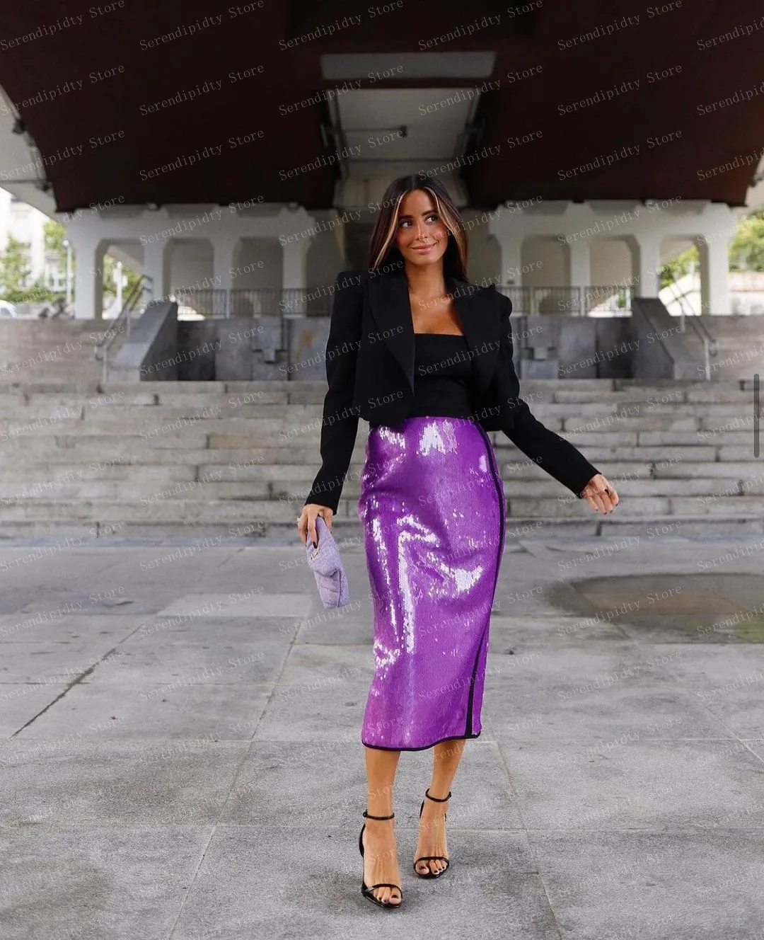 High Waist Sequins Midi Skirt Sparkly Purple Woman Clothes Mid-Calf Satin Skirt Ever Pretty Custom Made Skirt With Zipper