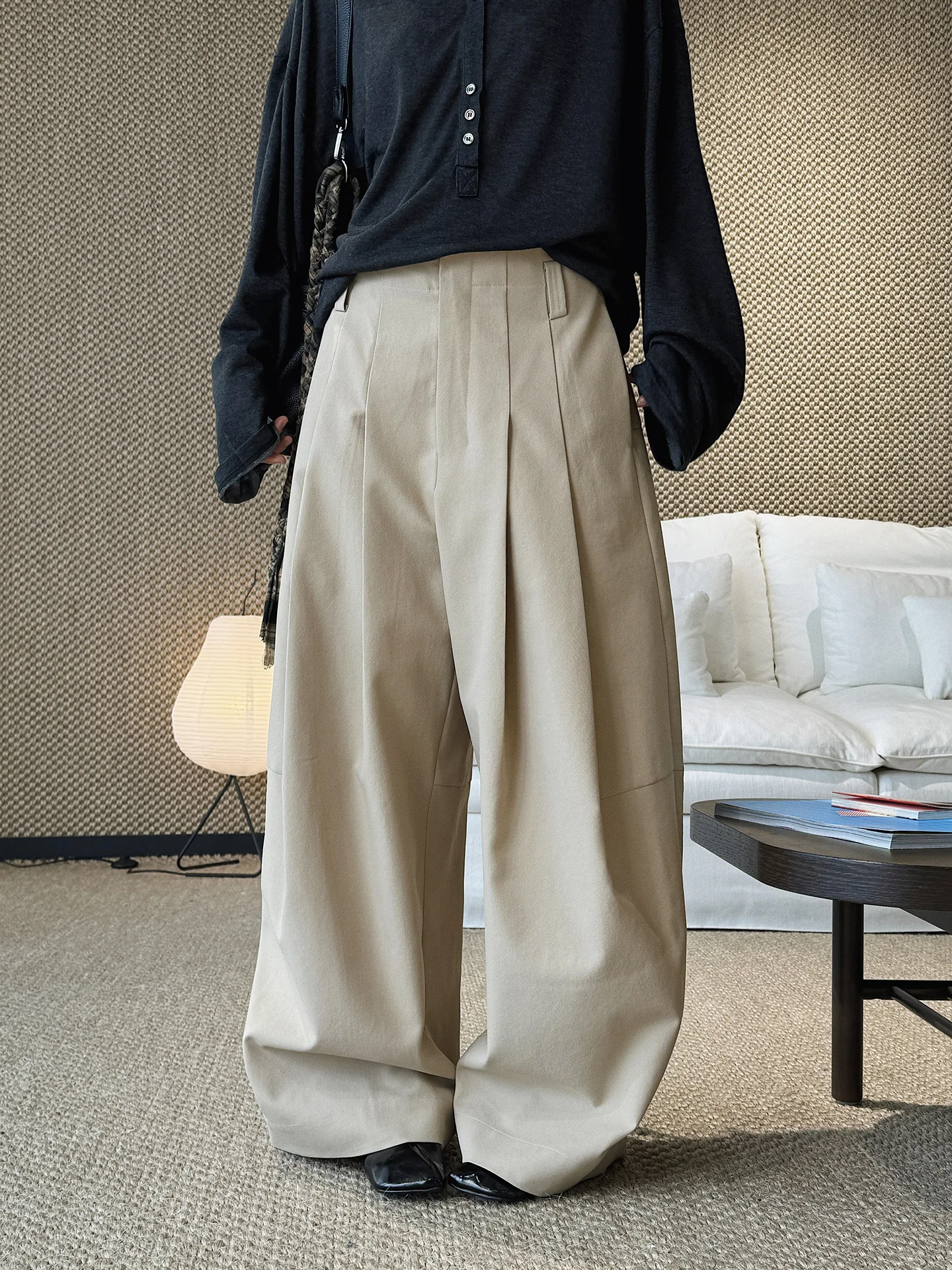 

Spring and summer casual women's solid color high waist loose pleated wide leg trousers