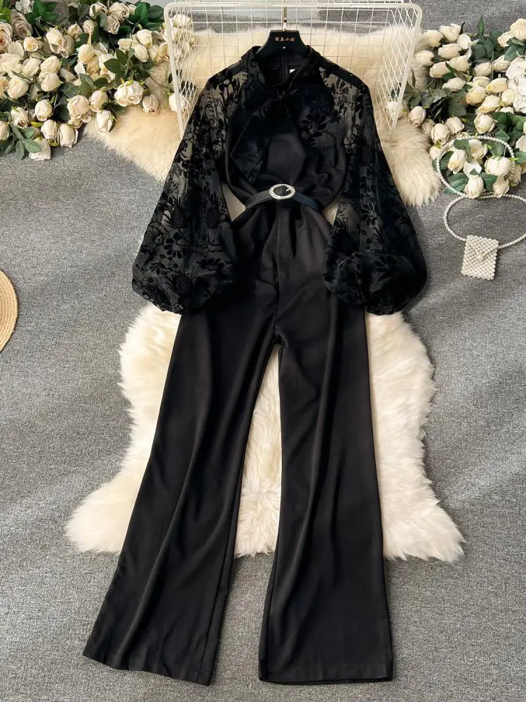 High Quality Black Lace Embroidery Bow Collar Slim Jumpsuit Women Autumn White Elegant Long Sleeve Wide Leg Bodysuit Pant French