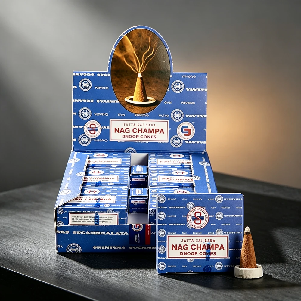 Indian Satya Dhoop Cones Incense, Natural Herbal Incense, Nag Champa Sandalwood, Indoor Purifying Calming incense, 12 Boxes