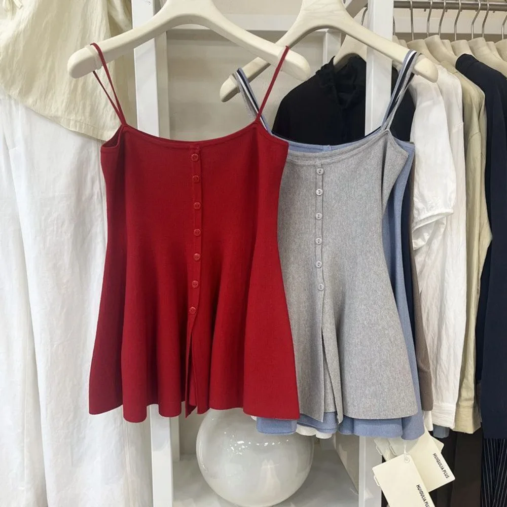 Casual Soft All-match Elegant Women Clothing Vent Knit Sling Ruched Ball Gown Tanks Slim Spice Girls Pure Desire Camis