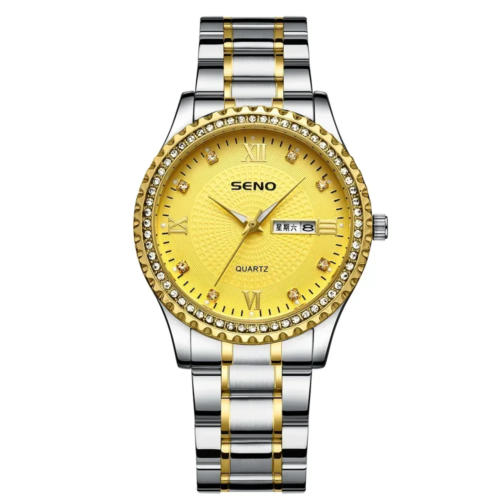 ساعة ذهبية 2025 للرجال بمينا ماسي وأيدي مضيئة وحركة تقويم مزدوجة