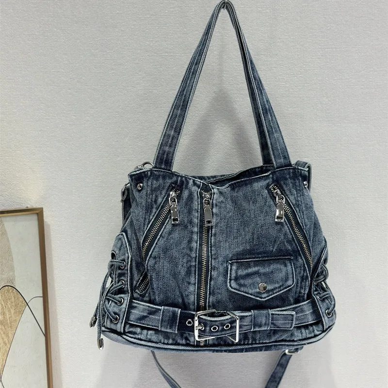 New Vintage Jeans Women Bag HandBags Zipper Shine Rivets Punk motorcycle bag Purse Woman Totes Female Shoulder Messenger Bag